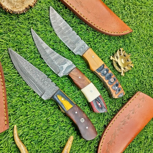 3 Pcs Damascus Blade Skinner Knives Set | 8" | Hard Wood, Leather Sheath IT-627