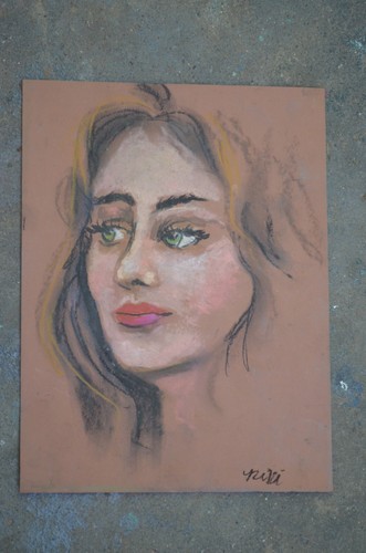 Pastel Portrait Woman Original Art Pastel on brown paper signed 9x12" - Picture 3 of 4
