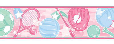 SPORTS STAR Pink Tennis Racket Soccer Baseball Gloves Girl Wall paper Border
