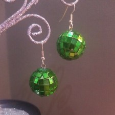 Green mirrored Ball Christmas Ornament Holiday Earrings 1 3/4"