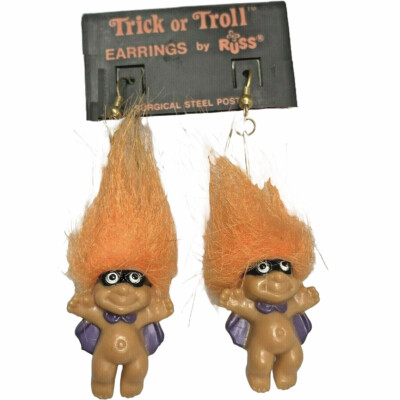 Funky Russ TROLL SUPERHERO EARRINGS Bandit Mask Halloween Costume Jewelry-ORANGE