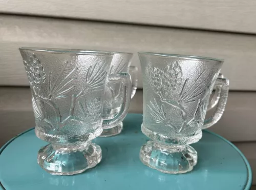Vintage Tiara Glass Ponderosa Pine Footed Clear Glass Mugs USA-Set Of 4