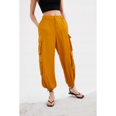 NWT ZARA Women's Satin Cargo Pants High-Waist Mustard Yellow Size XS | eBay