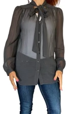 DKNY DONNA KARAN NEW YORK BLOUSE GRAY SHEER PUSSYBOW NECK TIE SILK CHIFFON M