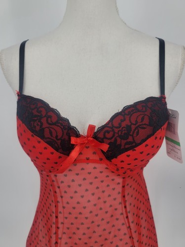 Per Lei Red Heart Black Lace Nightie Chemise Lingerie Push Up Straps Large NWT - Picture 3 of 9