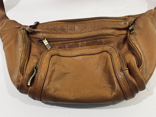 Hammacher Schlemmer Leather Waist Belt Bag Fanny Pack Camel Brown