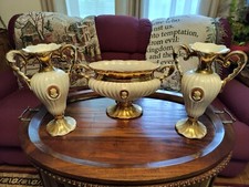 C.A.L. Italy Lucca Mantel Vase 3 PC Set Ceramic Vintage 1950's Gold Trim Cameo