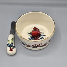 Lenox Winter Greetings Everyday Dip Bowl & Spreader Cardinal Gold Rim 2 PC. New