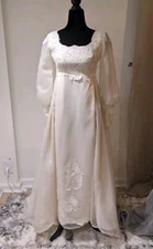 Vintage 1960s 1970s ILGWU Ivory Wedding Dress Empire Waist Train Lace Ribbon