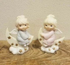 Vtg Pair Of Bisque Lefton China Angels Sitting On Cresent Moon Blue/Pink #00180