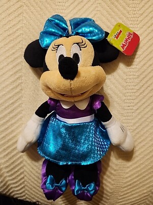 New Disney Junior Minnie Bean Plush Toy 9'' Purple Blue Sparkle Sequin Doll NWT