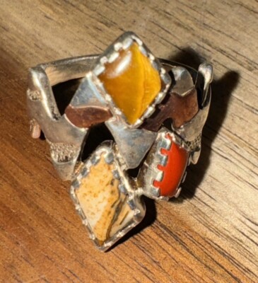 VTG Carolyn Pollack SS 925 & Copper Zig Zag Coral Tiger Eye Jasper Abstract Ring