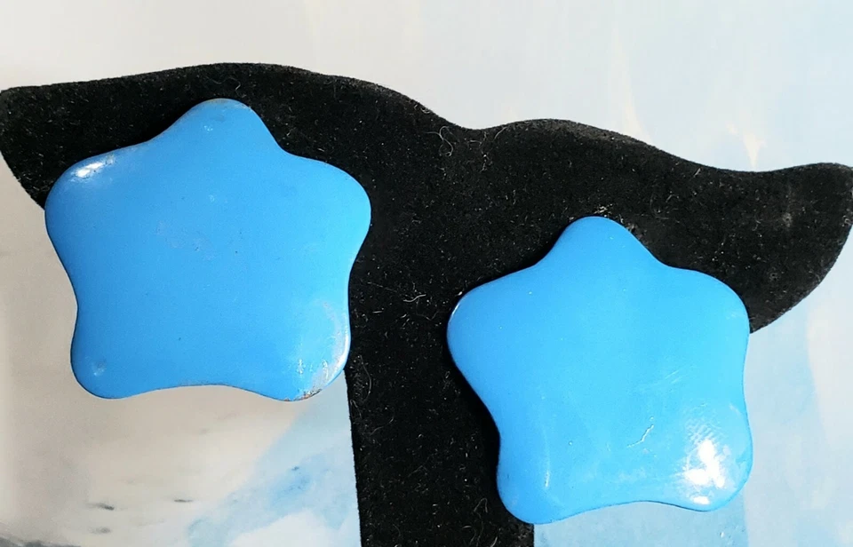 Pendientes Clip Vintage Años 80 Estrella Azul Esmaltado Grande Azul Aqua bcl-10 Foto 2 de 4