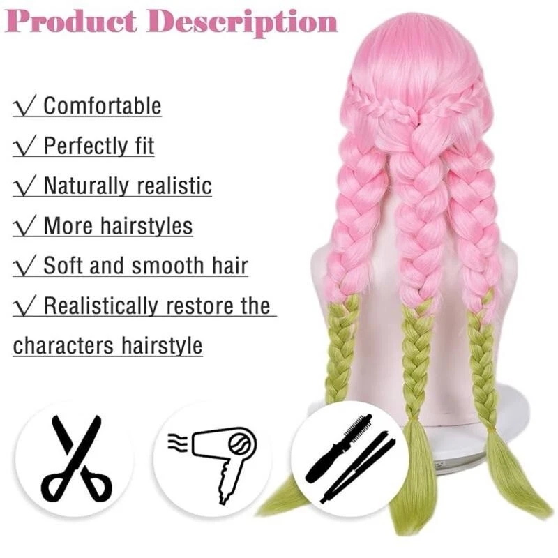 Peluca de pelo trenzado de alta calidad Mitsuri rosa y verde anime cosplay coletas Foto 2 de 4