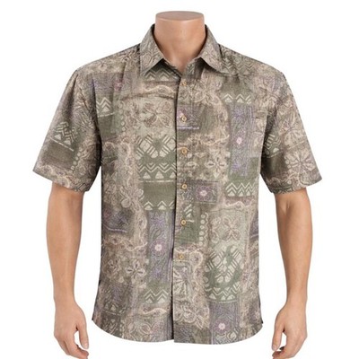 Cooke Street Hawaiian Aloha Shirt Large Tribal Floral Reverse Print Green Tan
