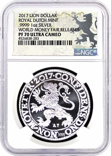 2017 1oz Netherlands .999 Silver Lion Dollar NGC PF70  World Fair of Money Relea