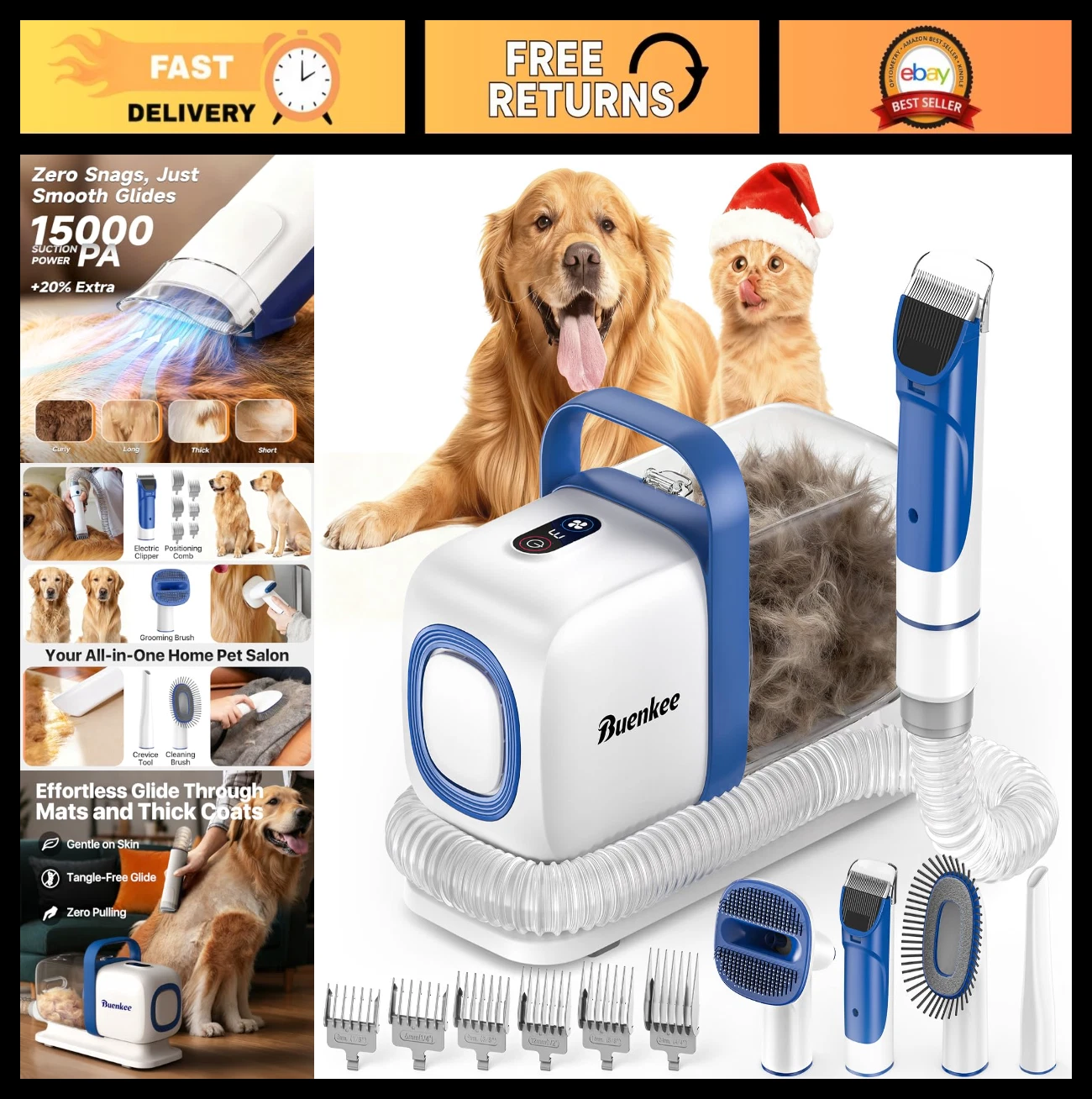 Pet Grooming Kit with Vacuum, 15000Pa Hair Clipper & Shedding Brush, Low Noise