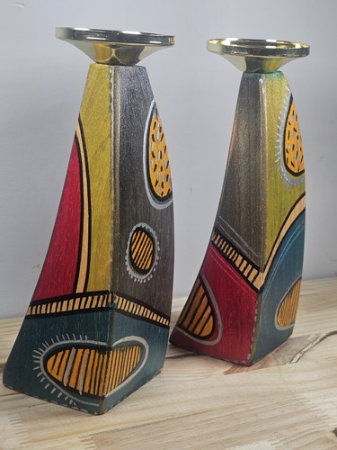 Kakadu Art Wavy Wood Candlesticks Yingish Geometric Design Pair Set of 2 - Picture 2 of 14