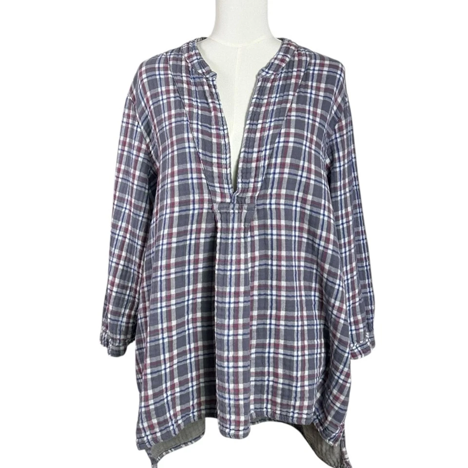 Top túnica CP Shades XL Dakota doble gasa algodón gris a cuadros manga larga Foto 2 de 4