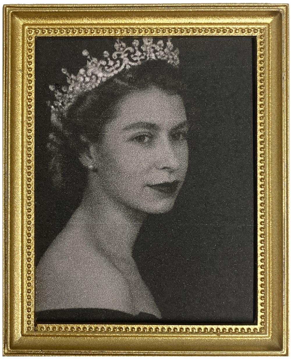 Dolls House Queen Elizabeth II in Crown Miniature Portrait Picture Gold Frame