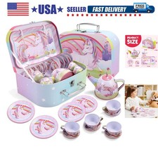 Unicorn Tea Party Set for Little Girls, Pretend Pink Tin Teapot Set, Princess...