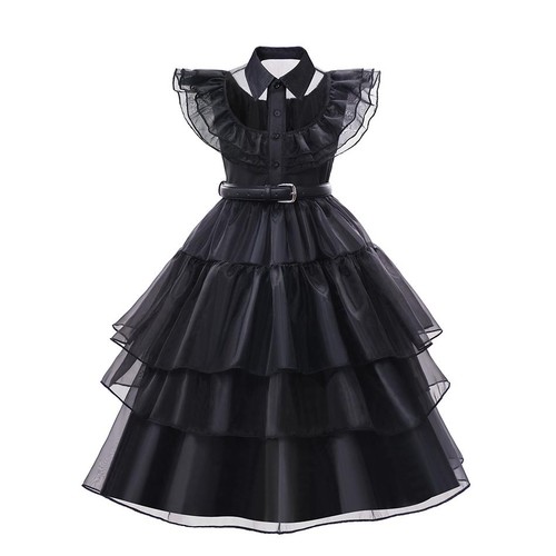 Merlina Costume Mercoledì Bambina Illuminazione LED Vestito Garza Nero per Halloween - Foto 2 di 32