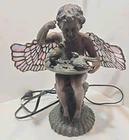Vtg Tiffany Style Cherub with Birdbath Lamp Stained Glass Wings Pink & Purple