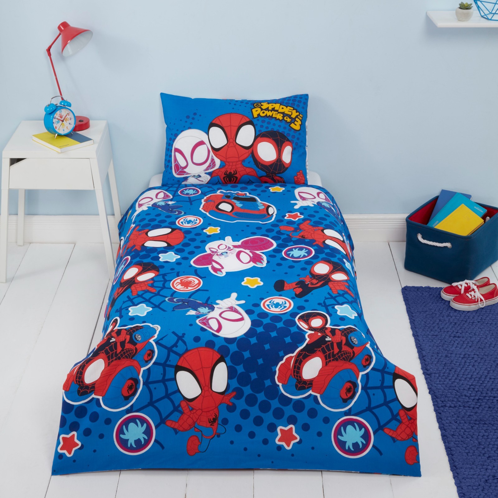 JUNIOR BED SPIDERMAN SPIDY DUVET COVER SET TODDLER BEDDING POWER OF 3 BLUE RED
