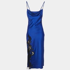Versace Blue Barocco Lace Satin Silk Cowl Neck Slip Dress S
