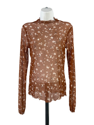 Hem and Thread Women's Brown Flowers and Dreams Mesh Sheer Long Sleeve Top - S