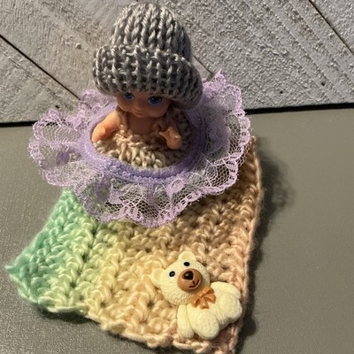 Miniature Doll Dress Barbie Babie Pastel Blanket And Purple Dress Beanie Lace