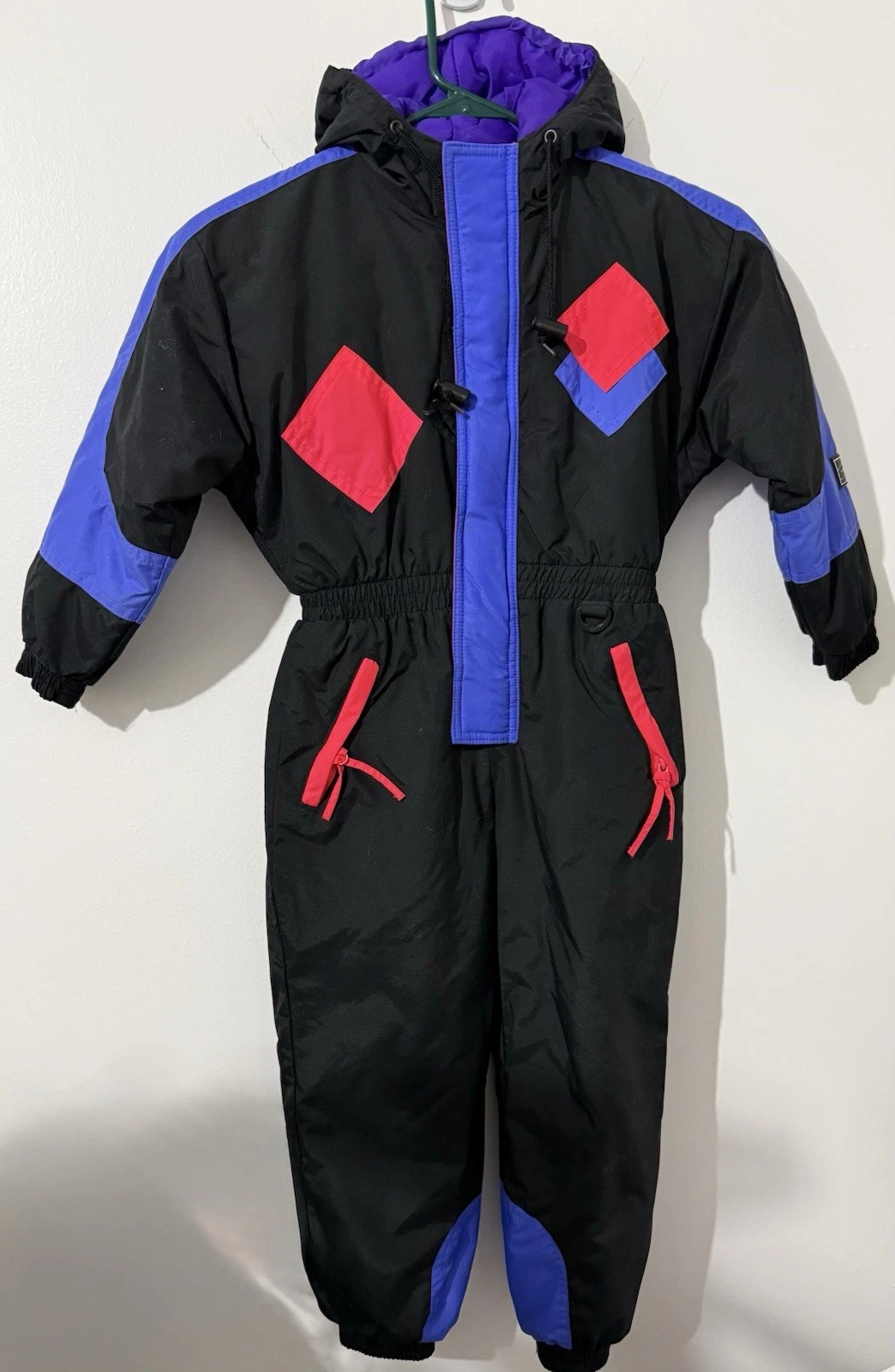 Vintage RAEWIK'S Kids Black Purple Hot Pink Snowsuit Zip Up w/ Gloves Medium