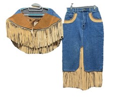 Vintage SapMan Western 80  s Denim Fringe Skirt Midi W/ Poncho Size 5/6