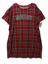 Joyspun Night Gown Sleep Shirt Dress Red Plaid Christmas Merry Womans L-XL 2X-3X