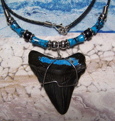 #ad Megalodon shark tooth necklace 1 7 8quot; fossil teeth XL pendant TURQUOISE jaw GEM $29.00