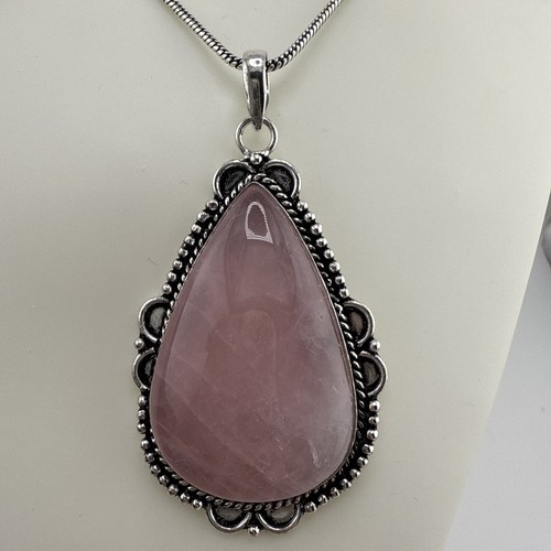 German Silver Rose Quartz Braided 2” Teardrop Pendant 18" Necklace NWT - Picture 1 of 7