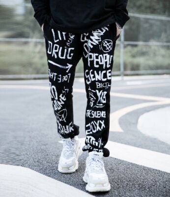 Niepce Doodle Arts Streetwear Black Sweatpants Graffiti Art Jogger Pants 