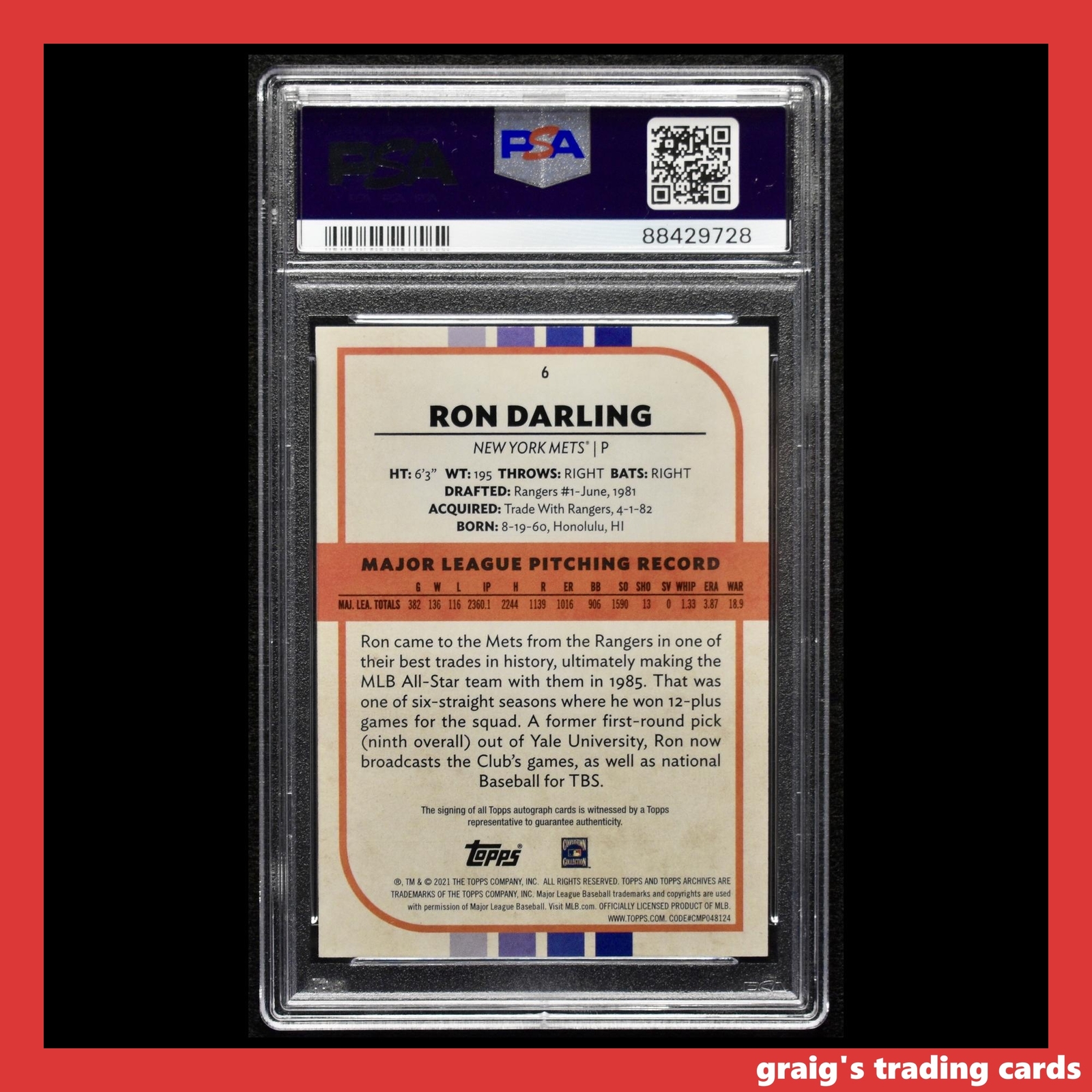 2021 Topps Archives Snapshots - Ron Darling #6 Autographs (AU) for sale ...