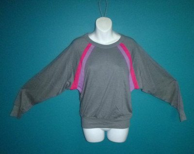 NOS Vtg 80s Beeline Fashions Long Sleeve Knit Top Gray W/ Pink Purple   Sz S