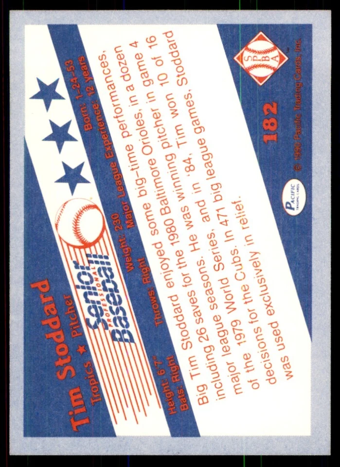 1990 Pacific Senior League Tim Stoddard Baseball Cards #182 - Image 2 of 2