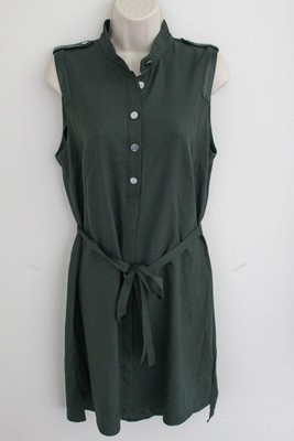 Parker Medium Shirt Dress Sage Green Leather Trim Sleeveless Tie Waist Buttons eBay