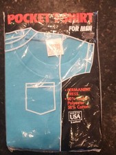 VTG Mens Sz Large Aqua Blue Pocket T-Shirt USA Kodal Poly Blend Teal Gym 80s NOS