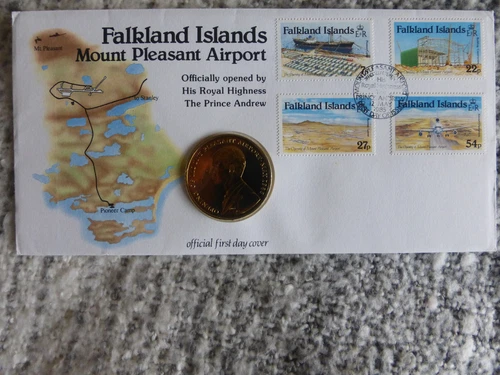 50% OFF  FALKLAND ISLANDS ~ MOUNT PLEASANT AIRPORT 1985 ~ FIRST DAY COVER + COIN