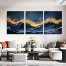3pcs Golden Ocean Waves with Fiery Glow Perfect Wall Art Canvas Framed 50x70cm