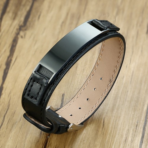Personalized Men Genuine Leather Bracelet Wristband ID Free Engraving Adjustable - Picture 8 of 9