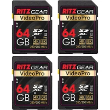 Ritz Gear 64GB High-Speed SDXC UHS-II SD Card, C10, U3, V90, HD & 8K - 4 Pack