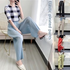 Casual Womens Straight Pleated High Waist Loose Elastic Trousers Wide Leg Pants