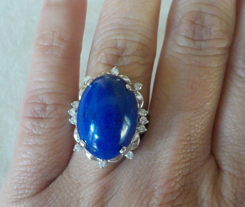 Heavy Platinum Lapis Lazuli Diamond Halo Ring - 12.14 gms, Sz 5.5, 13.67 ctw - Picture 3 of 14