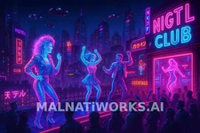 Cyberpunk Rooftop Dance Party – Neon City Art – Digital Download Wall Decor