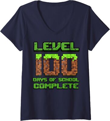 Level 100 Days Of School Complete Pixel Video Games Ladies' V-Neck Tshirt